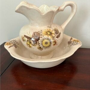 Pitcher & Wash Basin Bowl Transferware Design Floral Vintage Rustic Small